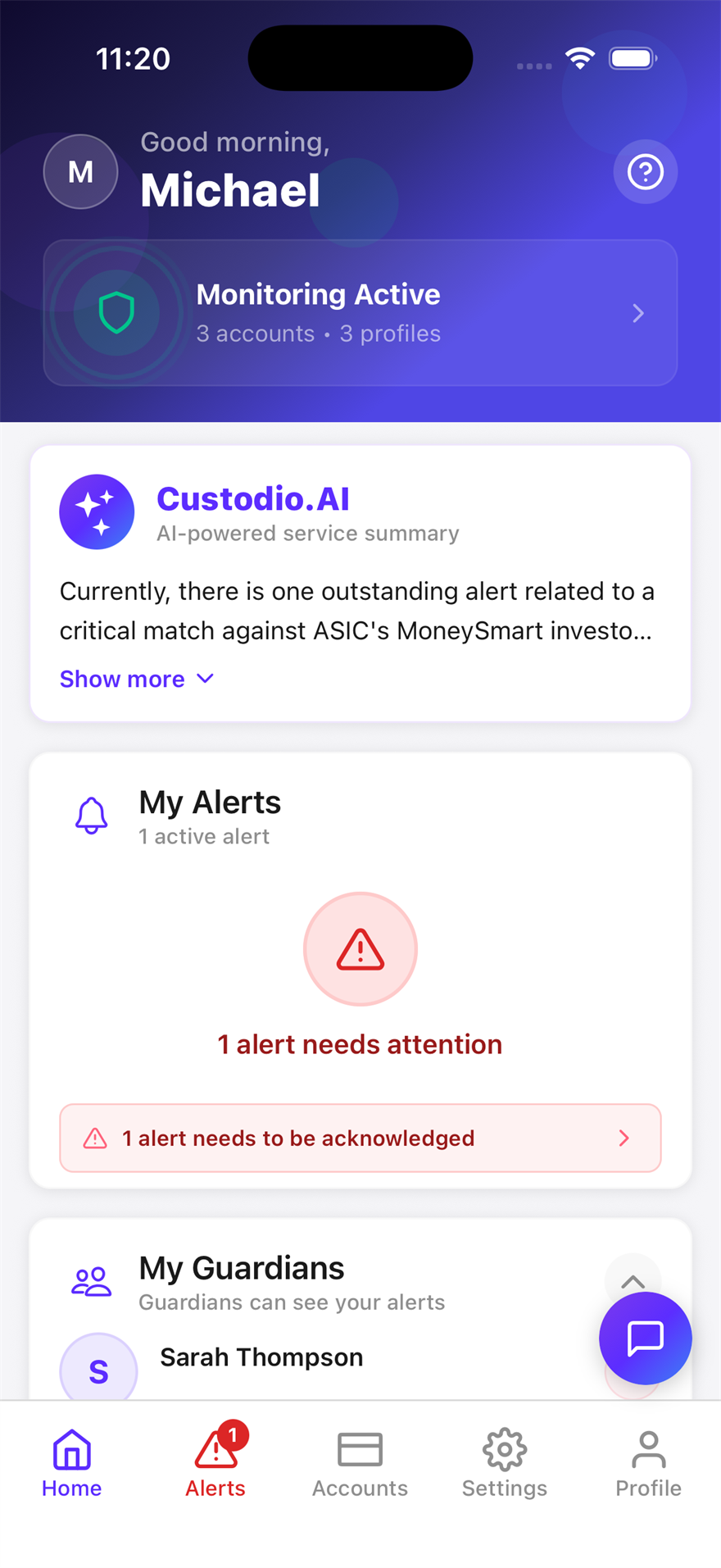 The Custodio app home screen: monitoring active across 3 accounts, an AI service summary, one alert needing attention, and the user's guardians.