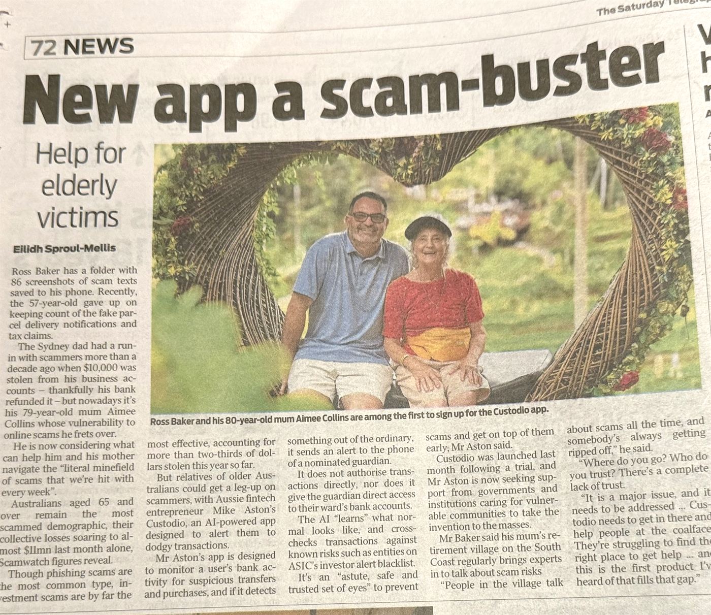 The Saturday Telegraph print page: New app a scam-buster, help for elderly victims, with a photograph of Ross Baker and his mother Aimee Collins.